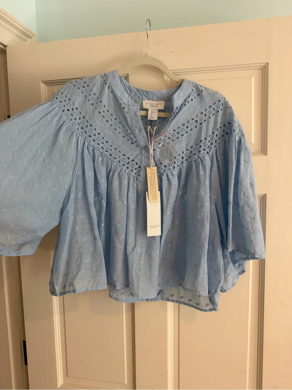 Calypso St. Barth Pale Blue Eyelet Peasant Blouse - Picture 4 of 5